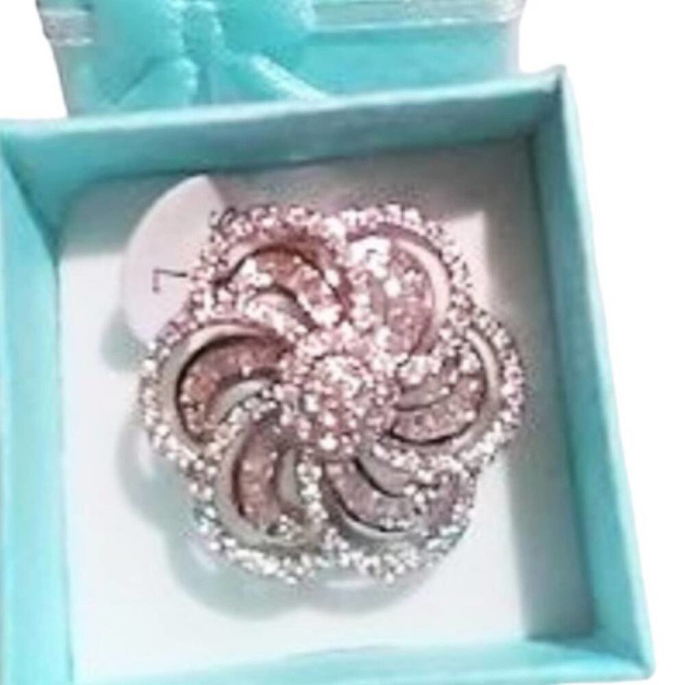 SIZE 9 LARGE FLOWER‎ CAMELIA Ring 925 Silver Stamped Simulated Diamonds C…